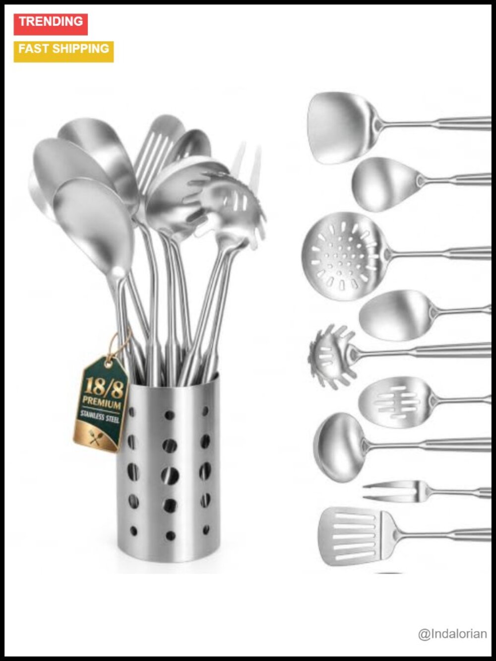 9 Pc 304 Stainless Steel Kitchen Utensil Set with Holder Dishwasher Safe